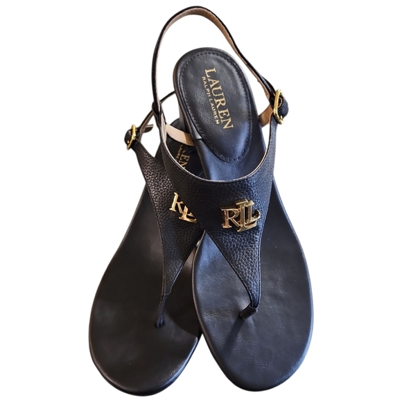 New LAUREN RALPH LAUREN Sandals WomannWestcott Black Leather Toe Post Heels Sz 8 - Picture 8 of 12